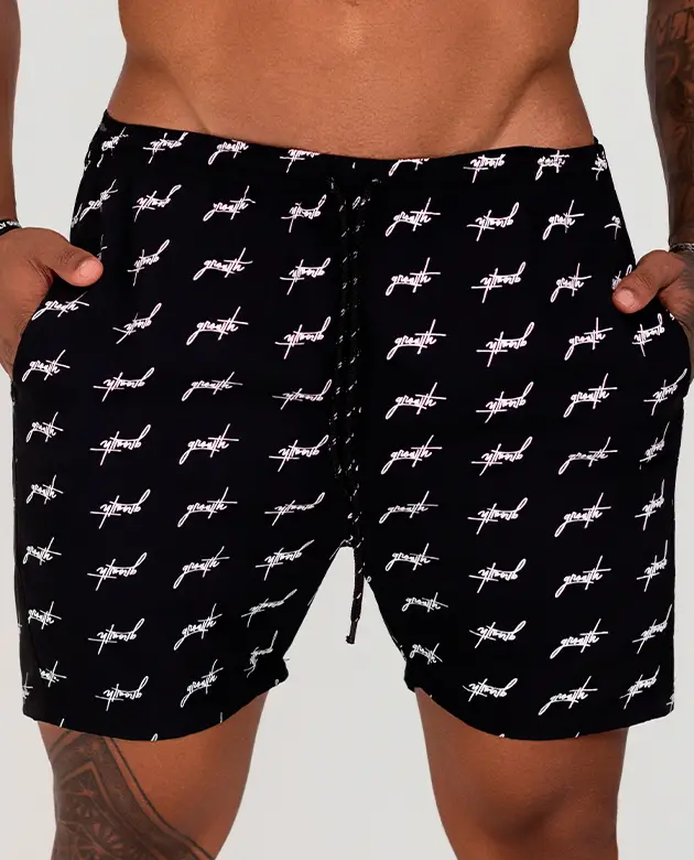 Bermuda Growth Banho Estampada Mini Logo Preto Com Branco