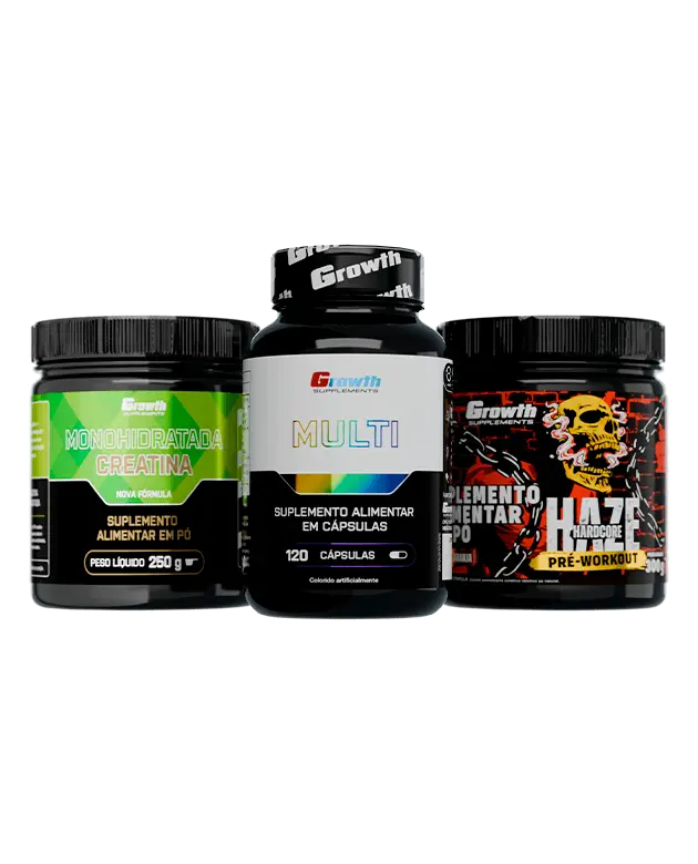 Kit Creatina Monohidratada 250g, Multivitamínico 120 caps e Pré-Treino Haze 300g - Growth Supplements