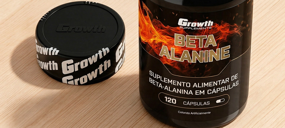GROWTH SUPPLEMENTS - Embalagem de Beta Alanine aberta em cima de uma mesa