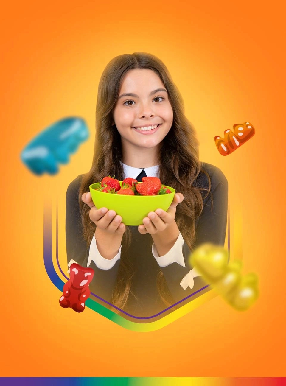 GROWTH SUPPLEMENTS - Imagem ilustrativa criança sorrrindo segurando uma tigela com morangos