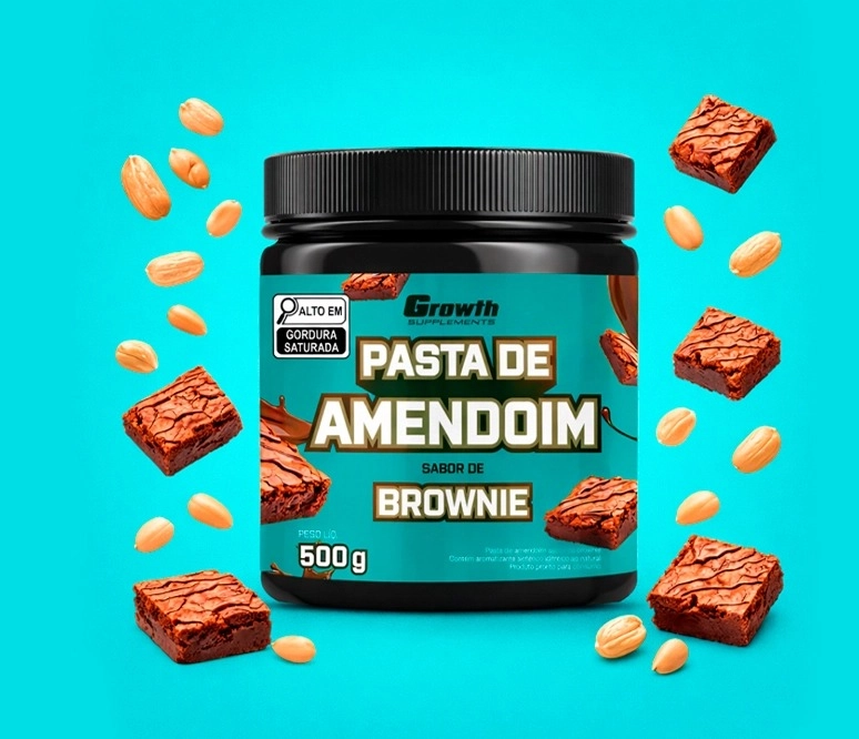 Growth Suplements - Pasta de amenidoim em um fundo azul claro, com fotos de brownies e amendoins em volta