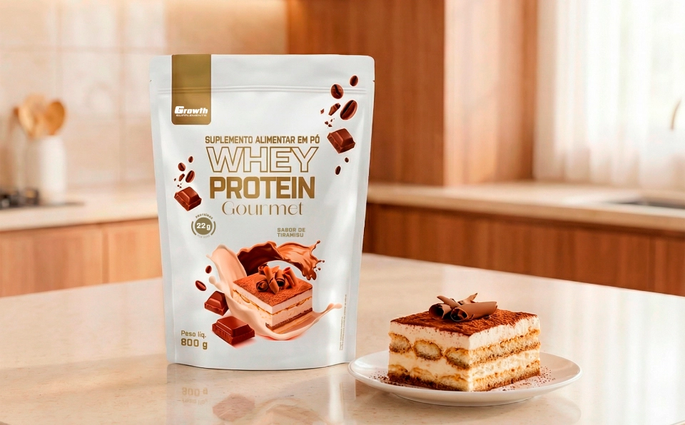 GROWTH SUPPLEMENTS - Embalagem de Whey Gourmet Tiramisu no balcão de uma cozinha