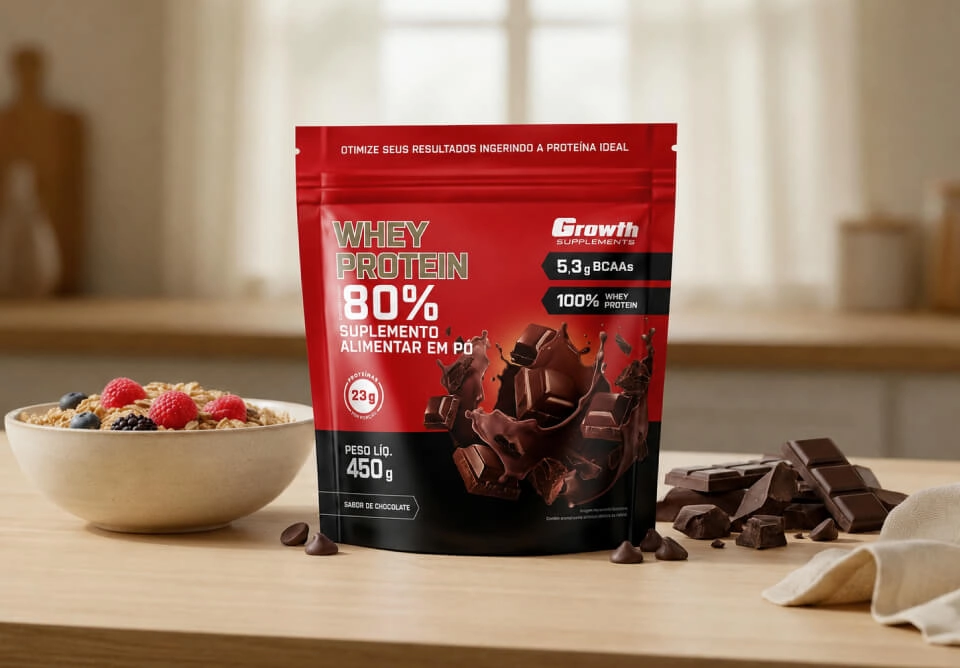 GROWTH SUPPLEMENTS - Embalagem de WPC 80% sabor chocolate no balcão de uma cozinha