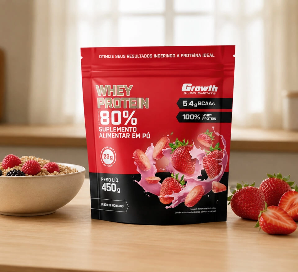 GROWTH SUPPLEMENTS - Embalagem de WPC 80% sabor morango no balcão de uma cozinha
