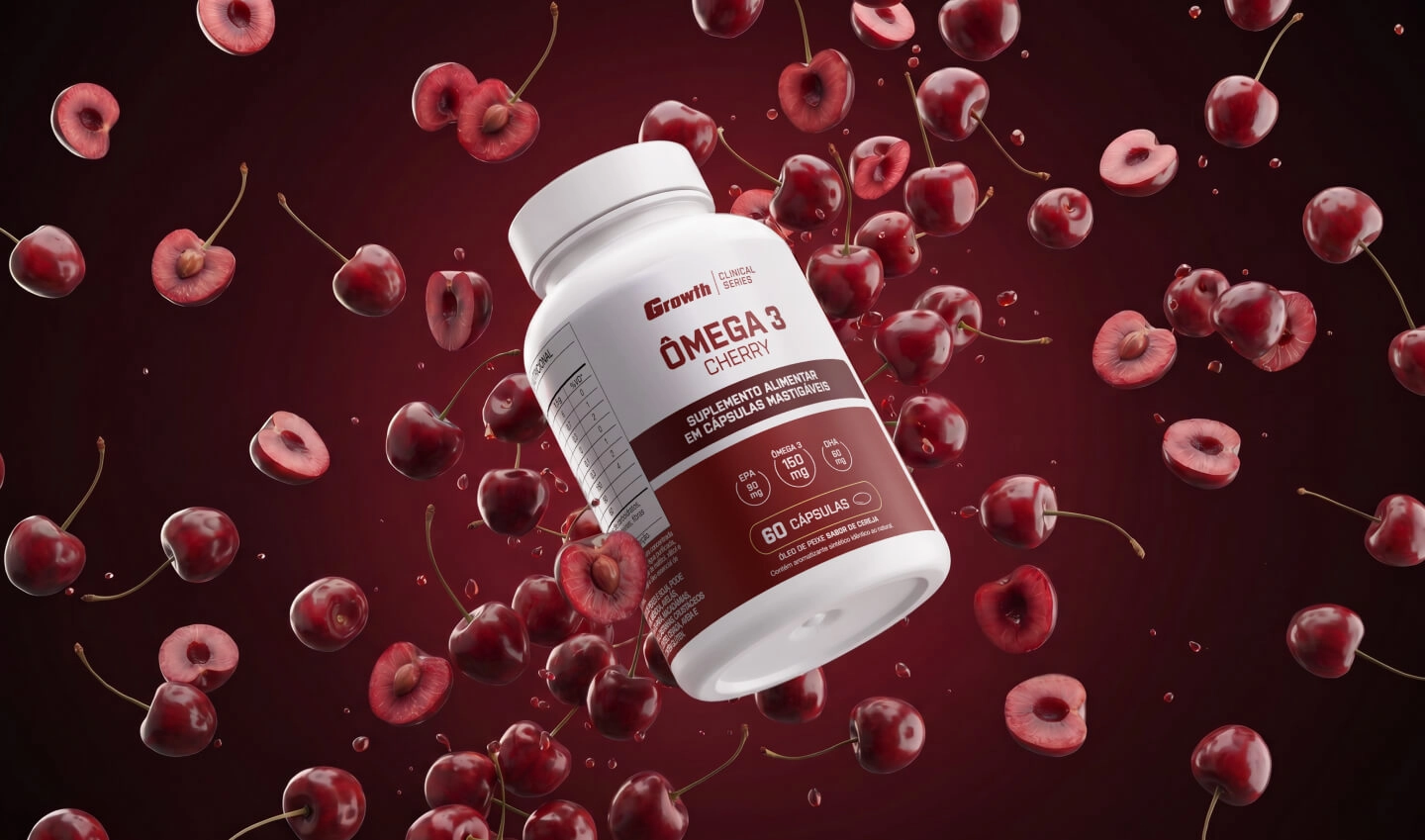 ômega-3 Cherry G-Supplements com cerejas ao fundo
