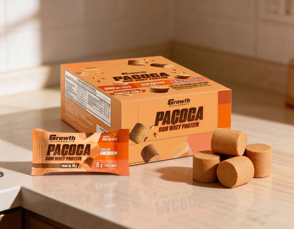 Paçoca Growth Supplements em cima de uma mesa